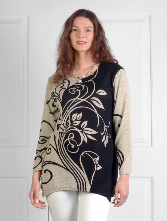 Floral Swirls Printed Jersey Knit Fashion Top 